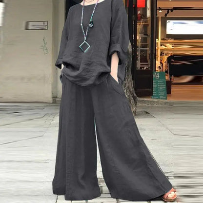 Casual Cotton Linen Set Women's O Neck Long Sleeve Blouses Wide Leg Pants Culottes 2piece Sets Autumn Retro Loose Female Suit