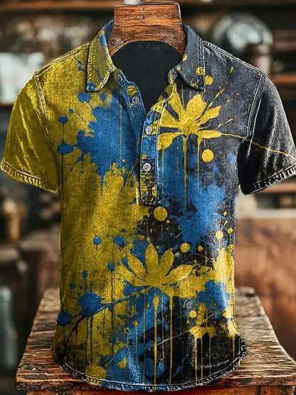 New American Retro Military Style Short Sleeved Polo Shirt with Red, Green, Black Camouflage Printed Casual Shirt