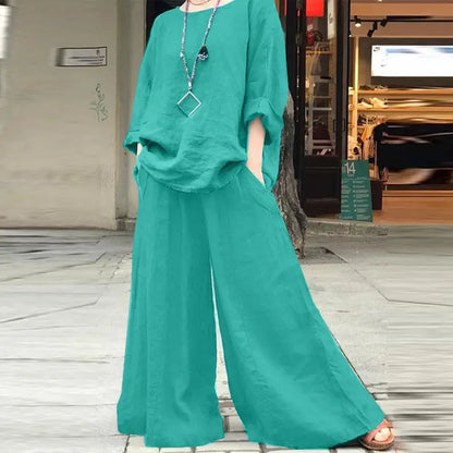 Casual Cotton Linen Set Women's O Neck Long Sleeve Blouses Wide Leg Pants Culottes 2piece Sets Autumn Retro Loose Female Suit