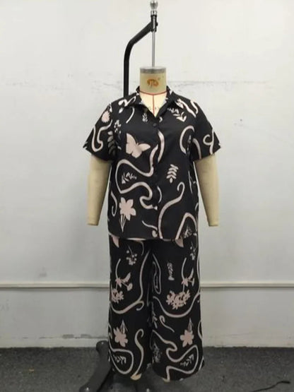 GIBSIE Plus Size Women's Casual Pants Sets Printing Loose Short-sleeved Shirts And Wide-leg Trousers Woman Two Piece Outfits