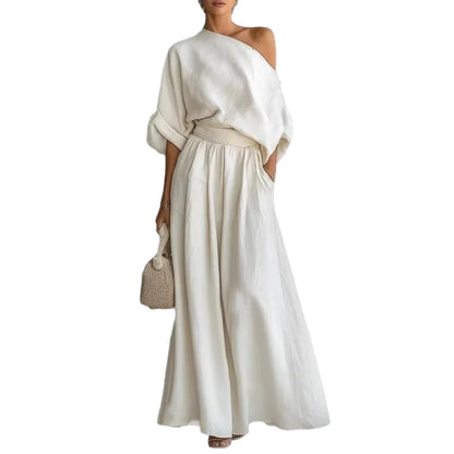 2026 Elegant Two-piece Short Sleeve Top & Casual Pants Set Woman Sexy Slash Neck Solid Suit Outfit Spring Fall Female Clothing