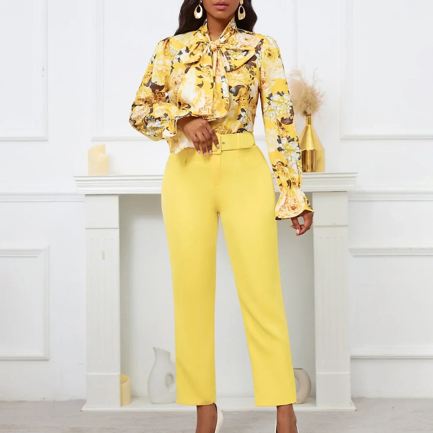 2 Piece Set  Clothes for Women Spring Clothing 2024 New Plus Size Outfit Print Shirt Pants Matching Sets With Belt
