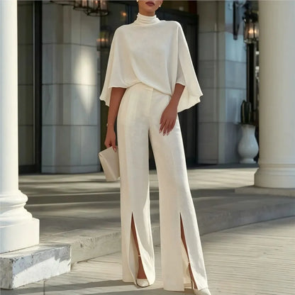 Autumn Women's Half Turtleneck Shawl Top Fashion Slit Wide Leg Trousers 2piece Suit Elegant Slim Fit Female Office Trousers Suit