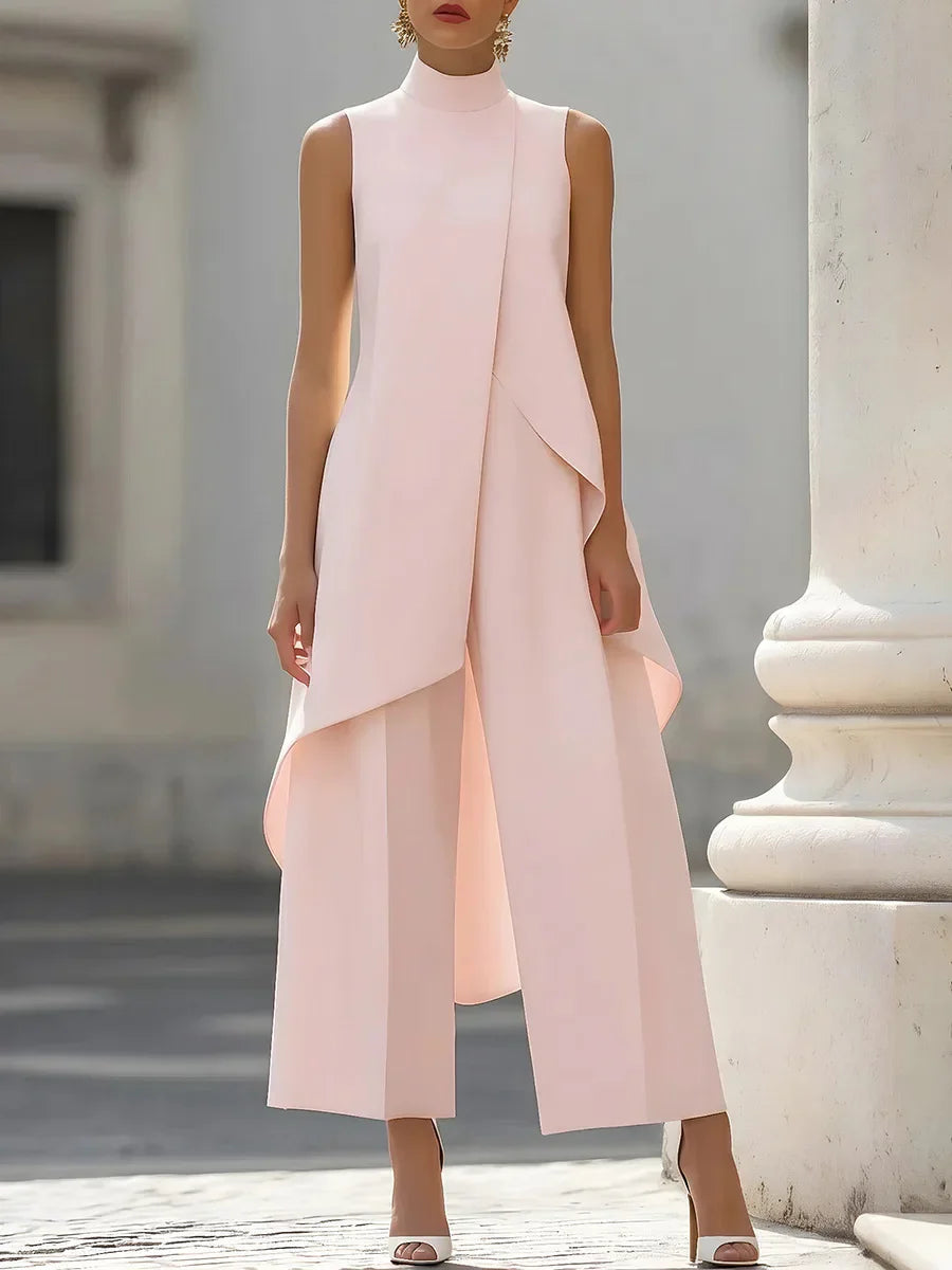 Women High Neck Sleeveless Asymmetric Tunic Wide Leg Pants Set Elegant Formal Business Office Two Piece Outfit
