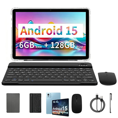 Tablet 10.1 Inch Android 15 Octa-Core 6GB RAM 128GB ROM 1280x800 IPS Tablets PC WiFi 5 Bluetooth Keyboard Set