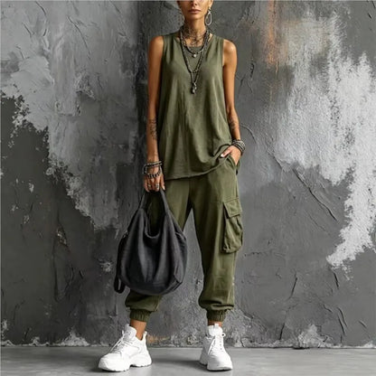 Solid Color Sports Two-piece Set Summer Fashion Sleeveless Top+wide Leg Pants Suit With Pockets Ladies O-neck Streetwear Outfit