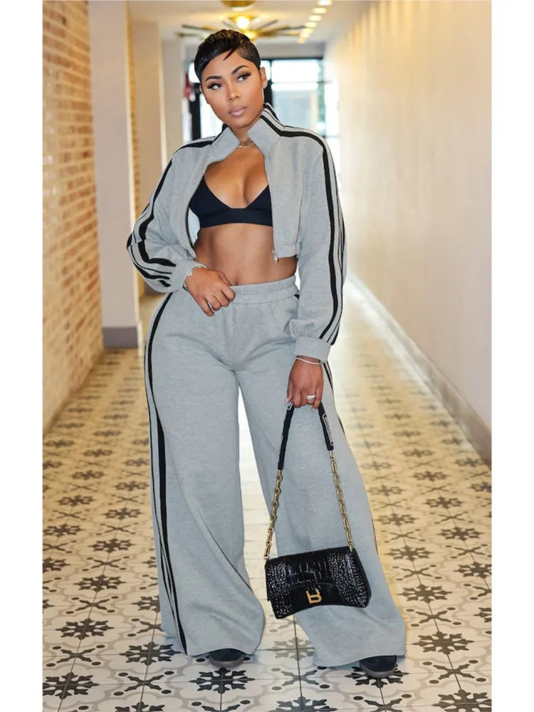 Fashion Splicing Striped Zipper Sports Suit Women'S Spring Autumn Thick Hoodie Casual Loose Wide Leg Trousers 2 Piece Set Female