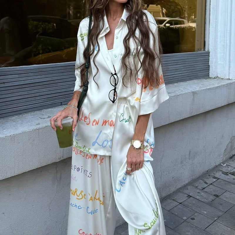 Summer Loose Soft Commute Two Piece Sets Elegant Lady High Waist Pants Set Casual Lapel Long Sleeve Printed Shirts And Pants Set