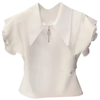 2025 Shirts for Women Ruffles Turn Down Collar Tshirt Fashion Temperament Party Zipper Y2K Tops Korean Summer White Pleated Tees