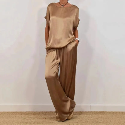 Casual Loose Satin T Shirt Pants Two Piece Sets Women Fashion O-neck Short Sleeve T Shirts Suit Spring Summer Wide Leg Pant Sets