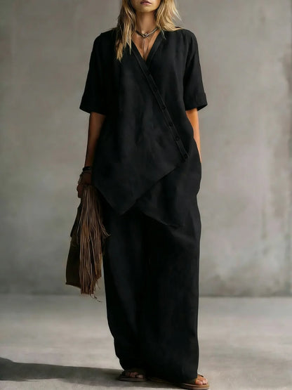 2026 Women's Fashion Casual Solid Color V-Neck Loose Short Sleeve Top and Cardigan with Long Pants Two-Piece Set