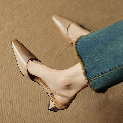 2025 Summer Women Sandals Genuine Leather Women Shoes Cover Toe Slingback Shoes Pointed Toe Med Heel Concise Designer Sandals