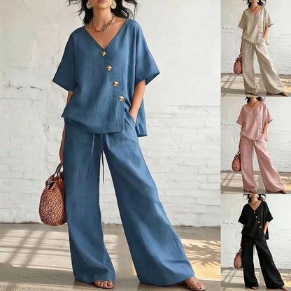 2026 Casual Cotton Loose Pants Sets Women Summer Fashion Short Sleeve V-neck Tops And Wide Leg Pant 2 Piece Set Woman Outfits