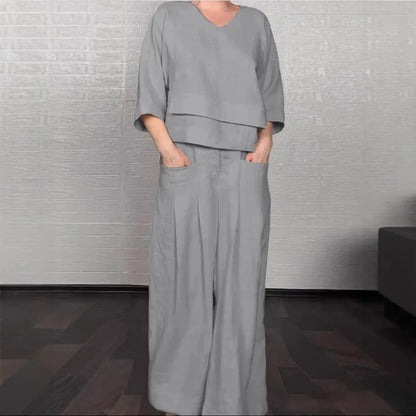 Casual Loose Irregular Cotton Linen Women's Top Set Spring Summer New Fashion Pocket Wide-leg Pants For Women Office 2-piece Set