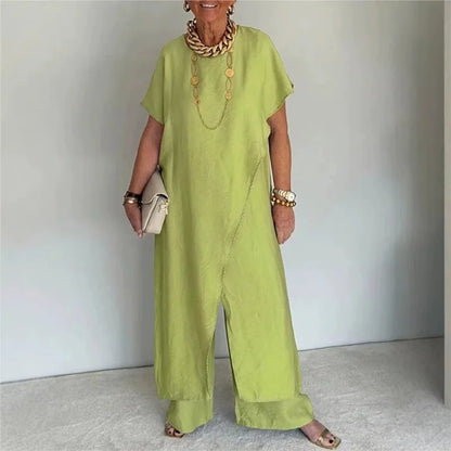 Loose Irregular 2 Piece Set for Women Short Sleeve Round Neck Long Top + Wide Leg Pants Casual Outdoor Commuting Versatile Suit