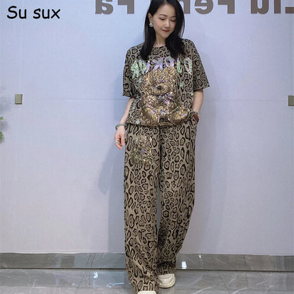 Cartoon Bear Leopard Print Wide Leg Pant 2 Pieces Sets Woman Outfits 2025 Summer Casual Short Sleeve T Shirt Matching Sets Stree