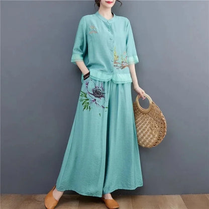 Spring Summer Women Leisure Large Size 5XL 2PCS Middle Aged Mother Mother Cotton Linen Suit 2025 Female Embroidery Two-piece Set