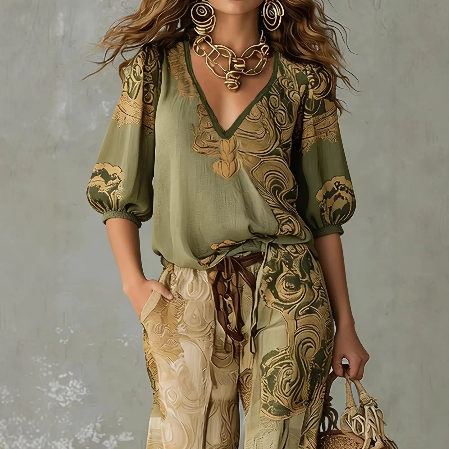Elegant Ethnic Swirl Pattern Two Piece Suit Ladies Mid Sleeve Shirts Drawstring Waist Harem Pants Bohemian Holiday Casual Set
