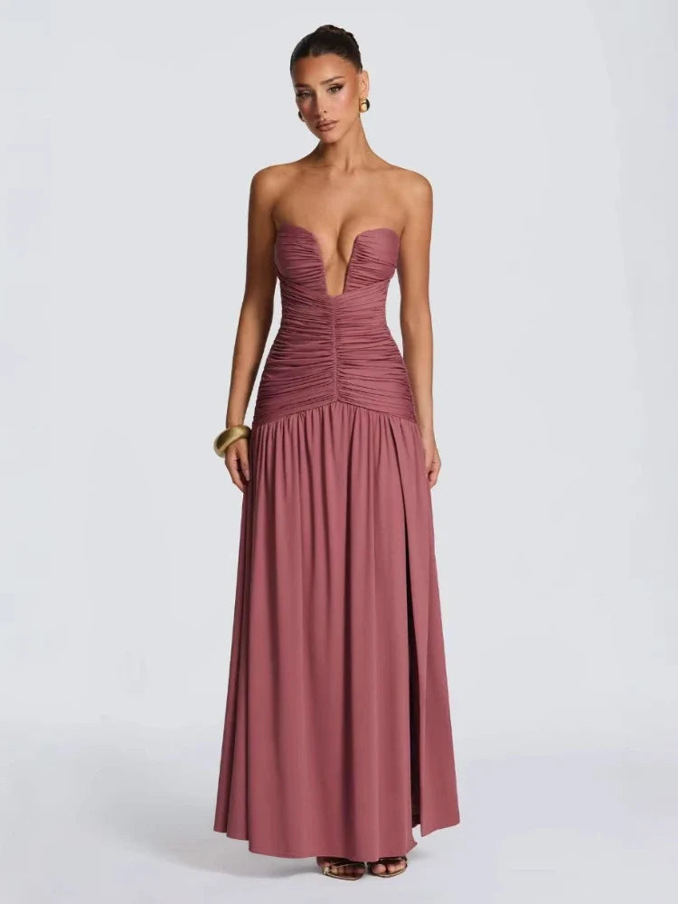 Chaxiaoa Strapless Deep V Neck Ruched Maxi Dresses for Women 2026 Elegant High Split Bodycon Party Evening Dress White Coffee