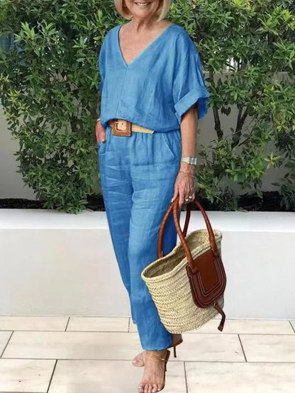 2 piece sets women outfit Women Suits Gray V-neck Short Sleeve Tops Wide Leg Pants Loose 2-piece Set Women Casual Women Clothes