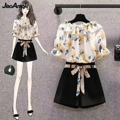 Women's Summer Shorts Suit 2026 New Casual Printed Shirt Top Pants Two Piece Korean Fashion Elegant Short Sleeve Blouse Set