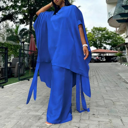 Two Piece Set Women O Neck Short Sleeve Loose Maxi Tops Wide Leg Pants Suit Fashion Elegant Simple Casual Africa Church Outfits