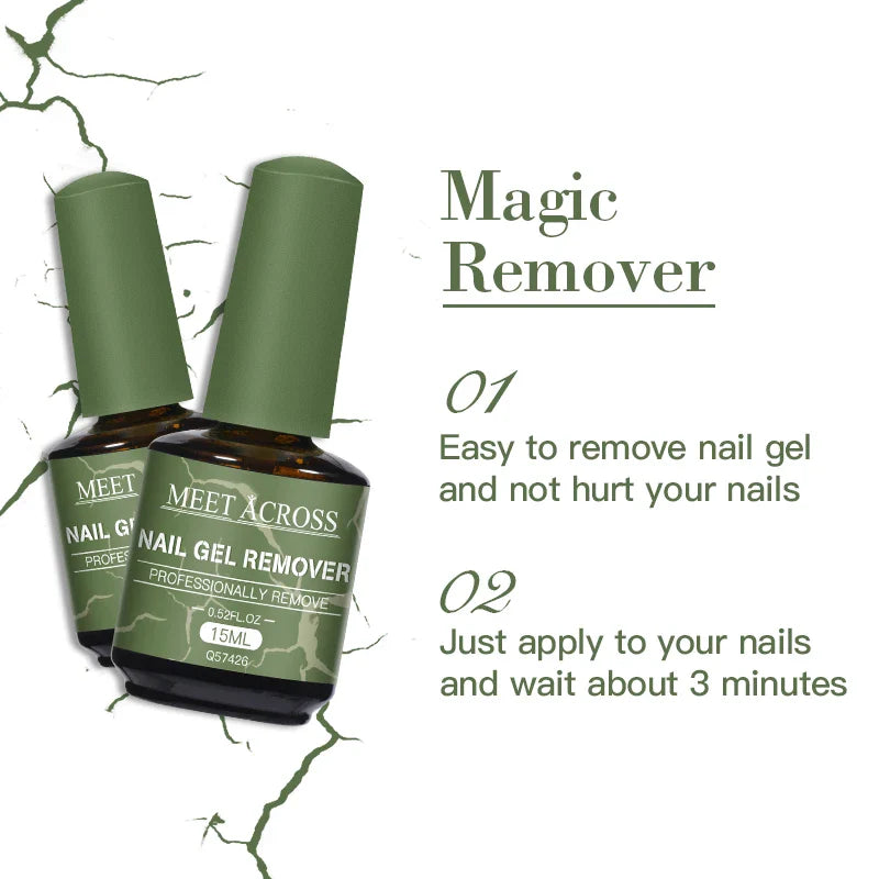 MEET ACROSS 15ml Magic Fast Nail Gel Polish Remover Clean UV Soak Off Semi Permanent Varnish Nail Art Removal Tools Manicure