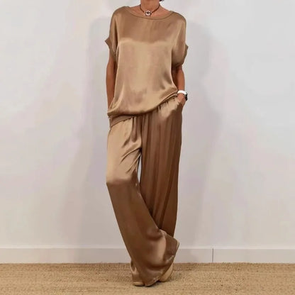 Women's Satin Pants 2 Piece Set Summer Breathe Loose Short Sleeve Top Wide Leg Pants Casual Outfit Office Lady Elagant Set
