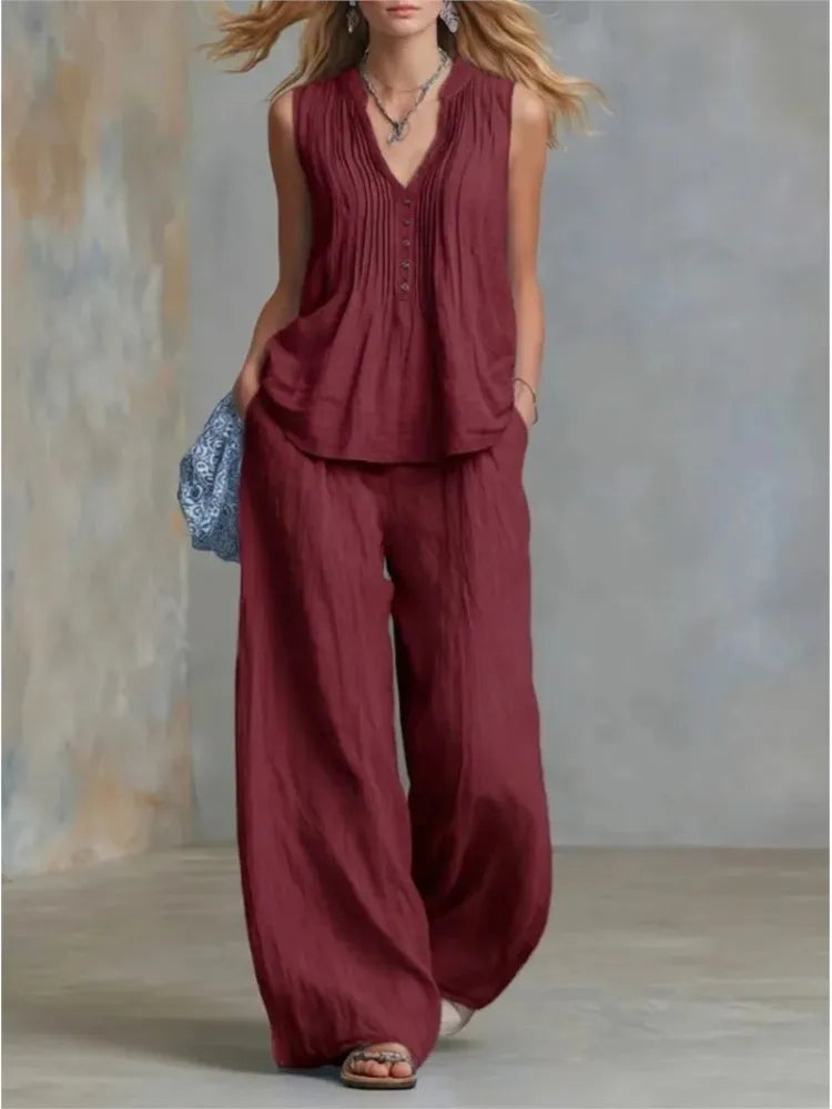 Fashion Pleated V-neck Sleeveless Women's Tops 2-piece Summer Casual Loose Wide-leg Trousers Female Elegant Office Trousers Set