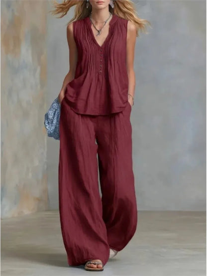 Fashion Pleated V-neck Sleeveless Women's Tops 2-piece Summer Casual Loose Wide-leg Trousers Female Elegant Office Trousers Set