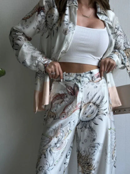 2 Pieces Set for Woman 2025 Summer New Elegant Print Long Sleeves Shirt Tops Suits Fashionable Casual Loose Wide Leg Pants Sets