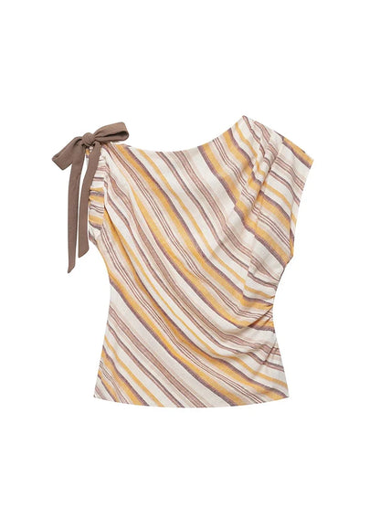 TFMLN Women's Stripe Printed Sets Chic Bow Decoration Sleeveless Irregular Top Wide Leg Pants Female Holiday Sets 2026 Summer