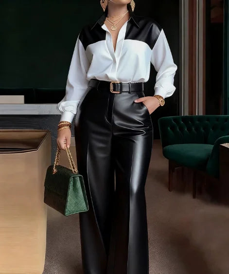 Two Piece Set Women Outfit 2026 Spring New Temperament Commuter Turn-Down Collar Long Sleeve Shirt & Leather Wide Leg Pants Set