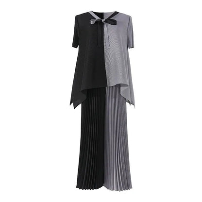 Blouse Pants Suit Women Summer Youthful Pleated Tie-front Delicate Short-sleeved T-shirt Wide-leg Pants New Comfortable Casual