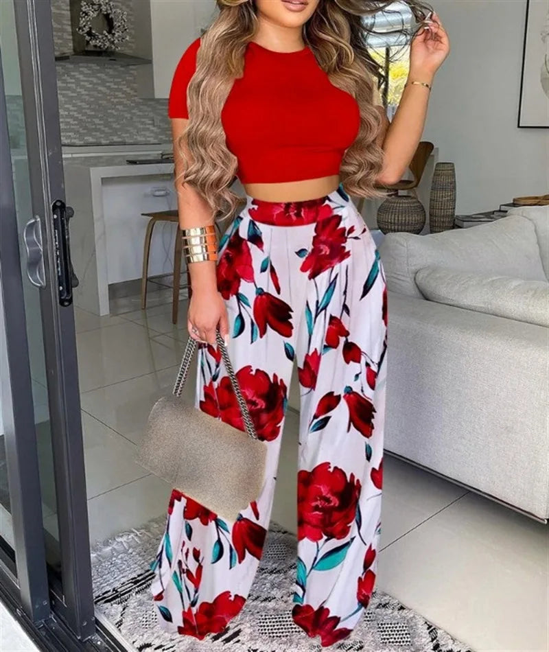 Spring Summer Flower Print Slim Suit Women Sexy O-Neck Short Sleeve Short T-shirt Top High Waist Wide Leg Pants Trousers Suit