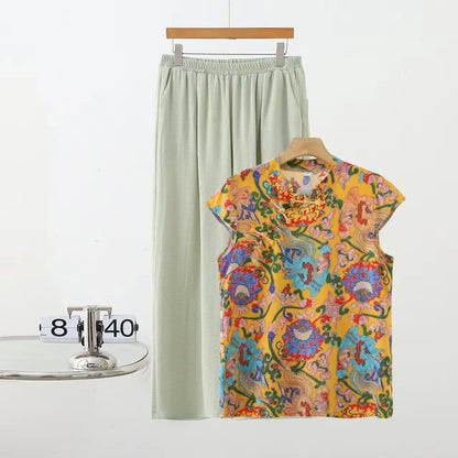 Summer Cotton-silk blend Cheongsam 2 Pcs Set Loose Short Sleeve Frog Closure Tops and Wide leg Pants New Chinese Style Plus size