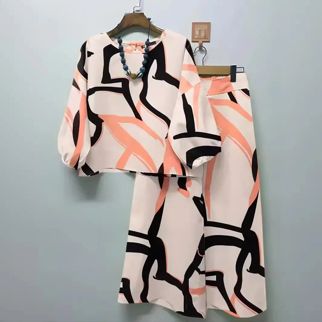 Print Suit Women Two Piece Pant Sets Long Sleeve Round Neck Tops Shirt Wide Leg Pants Loose Elegant Lady Bohemian Suits