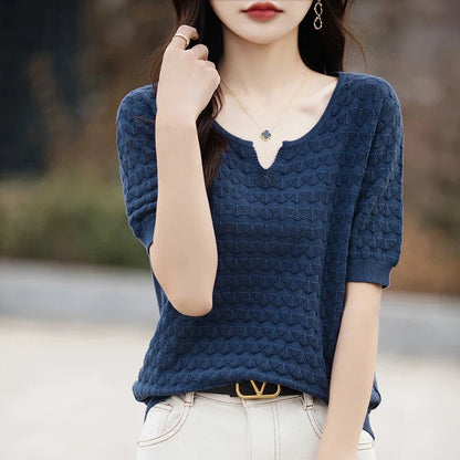 Women's T-shirt Summer New 100% Pure Cotton Tees Casual Solid Knitted Short sleeved V-neck Pullover Loose Tops Fashion Sweater