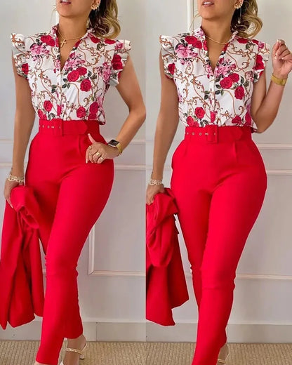 Elegant Women Two Piece Set Suits New Fashion Printed Ruffle Sleeve Top Solid Color Pants Set With Belt  Blouses Female Clothing