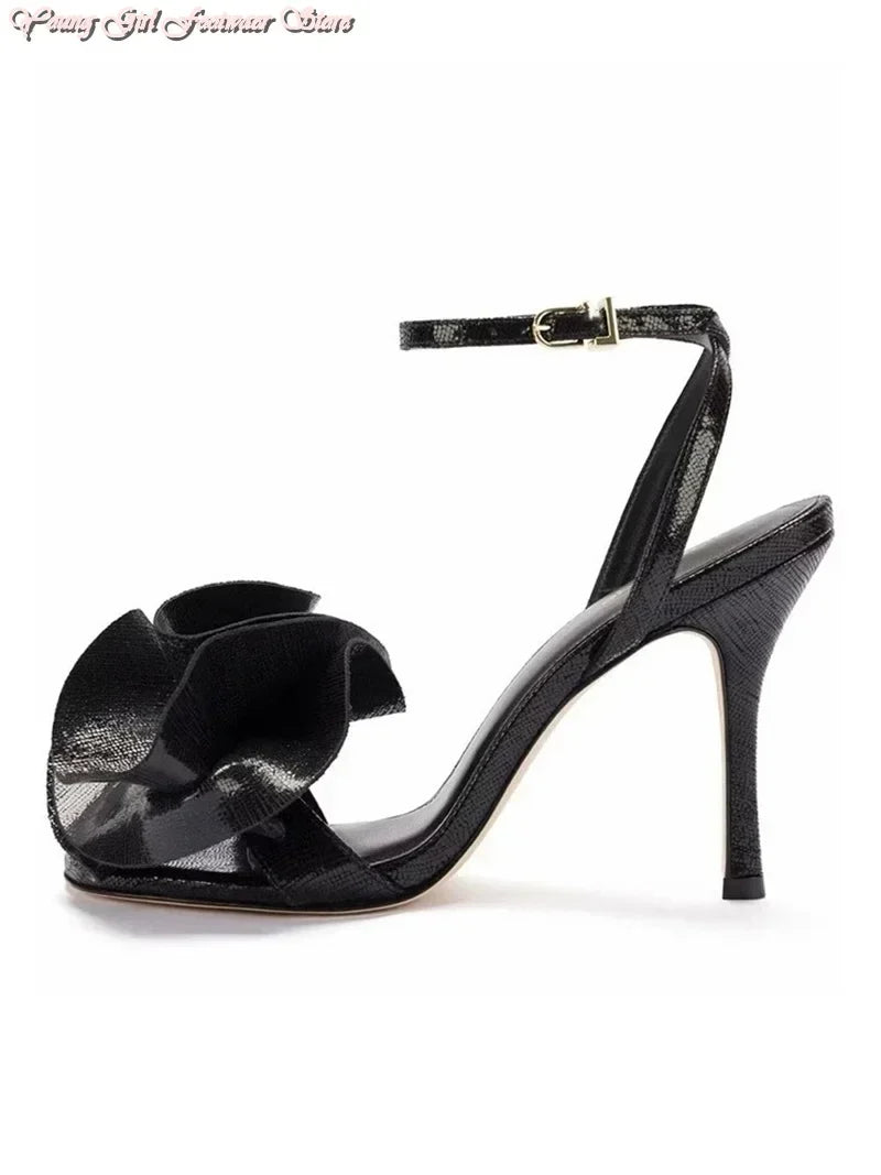 gold Roses One-strip Women's Sandals Pointed French Runway Style High Heel 2026 Spring Autumn Style Manual Luxury Women's Shoes