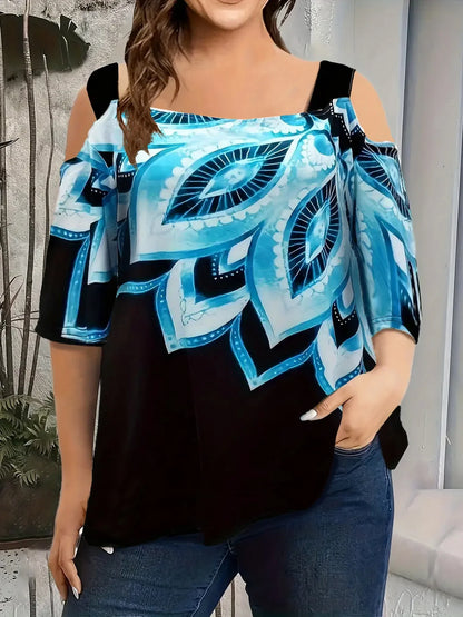 Summer new fashion strap off-the-shoulder multi-color print plus size women's short sleeve t-shirt