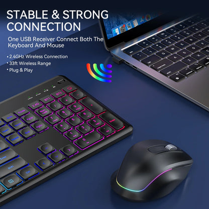 Ergonomic Backlit Keyboard Mouse Combo with Phone Holder 2.4G Wireless Rechargeable Keyboard Mouse Set for Win XP/7/8/10/11
