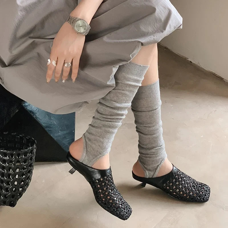 2026 Women Slippers Square Toe Med Heel Women Shoes Roman Black Women Sandals Gladiator Handmade Ladies Modern Slippers
