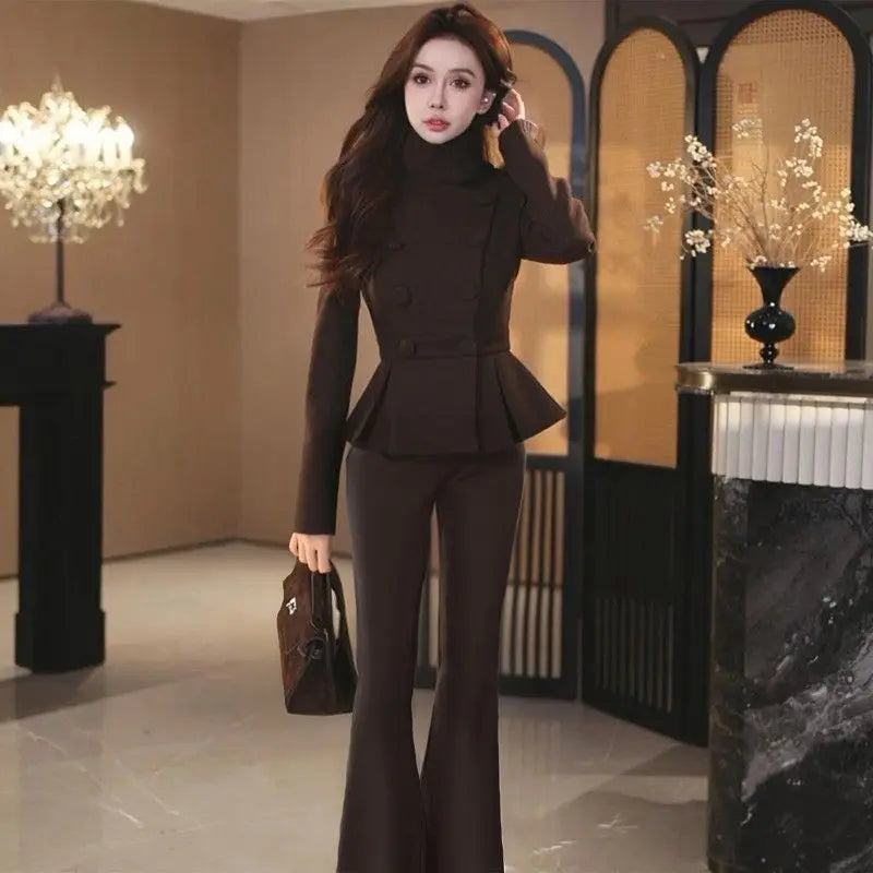 Fashion Two-Piece Set 2026 Spring And Autumn New Slim Women Double Breasted Stand Up Collar Suit Blazer Pants Suit Brown Black