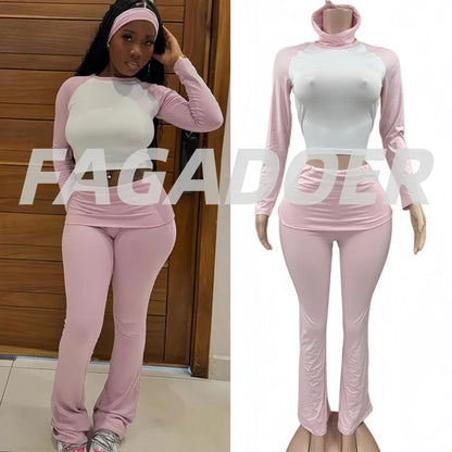 FAGADOER Casual 2 Pieces Set for Woman Long Sleeve Round Neck T-Shirt and High Waist Pants Matching Tracksuits Female Sportswear