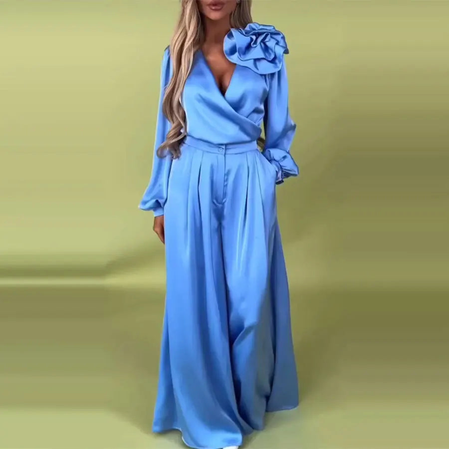 Women 3D Pants Set Elegant Flower Satin Suit For Women V Neck Blouse Wide Leg Casual Loose Trousers Set Formal Commuting