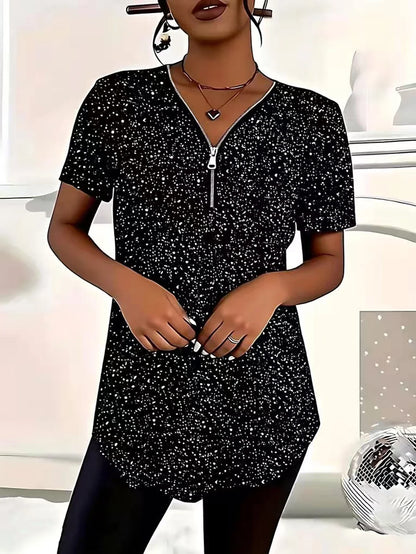 plus size women's summer new short sleeved casual polka dot top V-neck zipper curved hem T-shirt daily essential