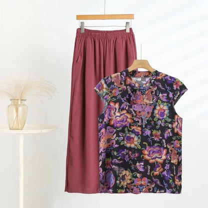 Summer Cotton-silk blend Cheongsam 2 Pcs Set Loose Short Sleeve Frog Closure Tops and Wide leg Pants New Chinese Style Plus size