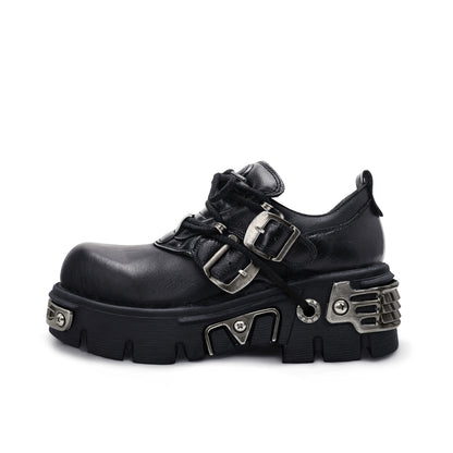Platform Metal Punk Flats Cross Tied Buckle Single Shoes Zip Round Toe Gothic Runway Casual Women Shoes Goth Black Chunky