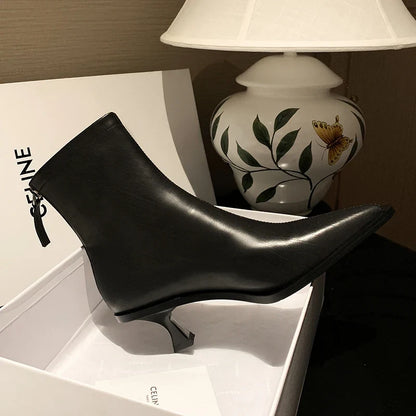 2025 Fashion Women Shoes Ankle Boots Sexy Autumn Winter Pointed Toe High Heels Genuine Leather Casual Black Shoes Size 34-40
